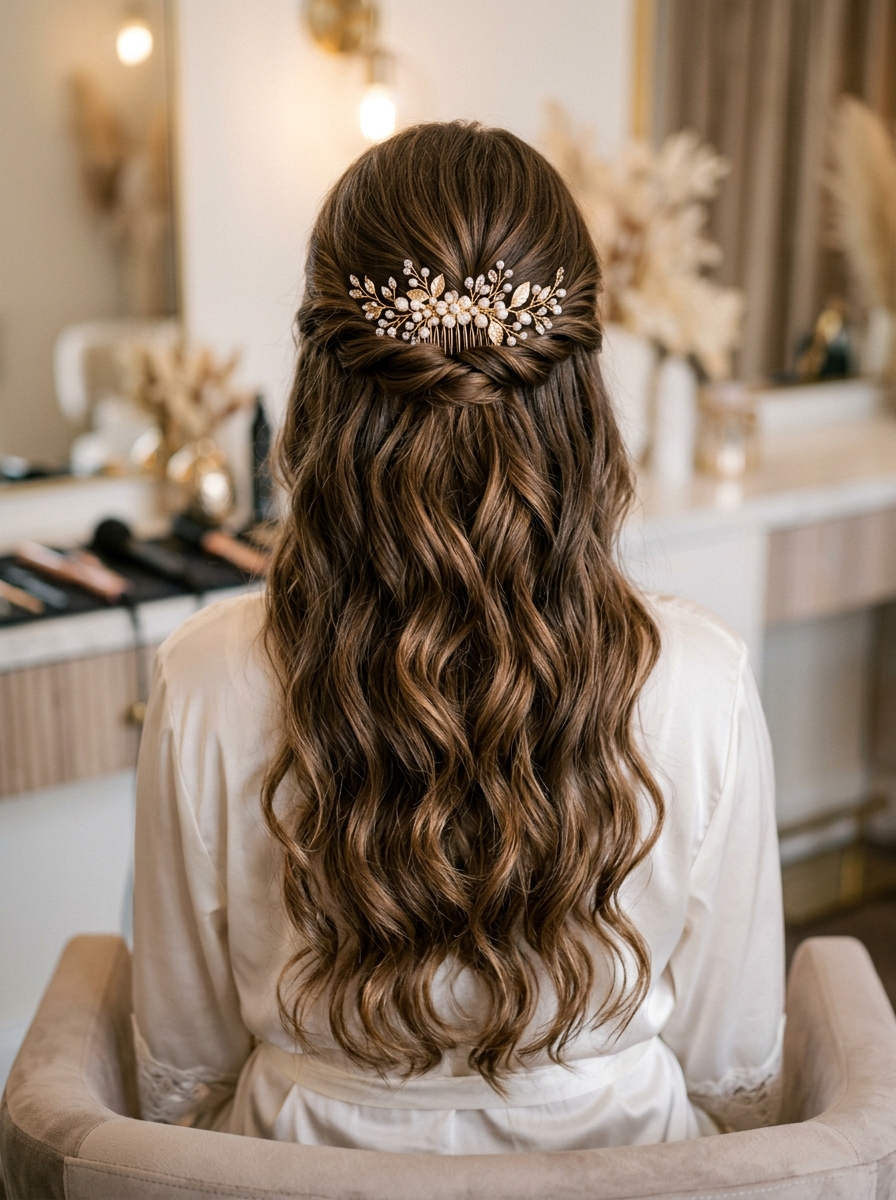 Bridal Half Updo Hairstyle with Pearl Brooch